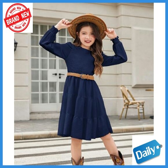 Girls Long Sleeve Boho Party Dress with Pockets Tiered Smocked - Picture 3 of 8